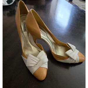 Women's Vintage Coquette Dune Mustard a White Bow Heels Size 9.5 Made in Brazil